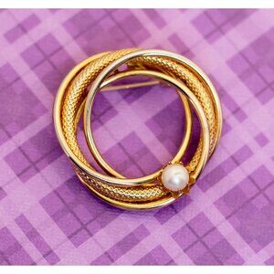 Vintage Serpent Coil Gold Tone Spiral Ring Faux Pearl Brooch - V13